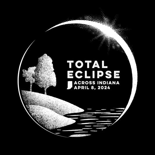 Promotional graphic for a total eclipse across Indiana with trees and water.