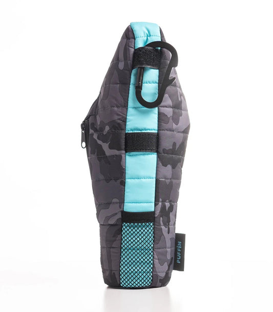Gray camouflage and turquoise bag with a black strap on a white background