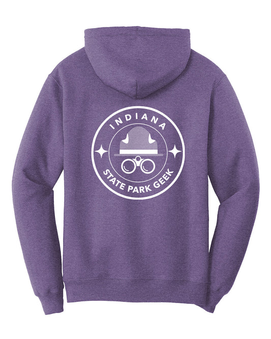 Purple hoodie with 'Indiana State Park Geek' logo on the back
