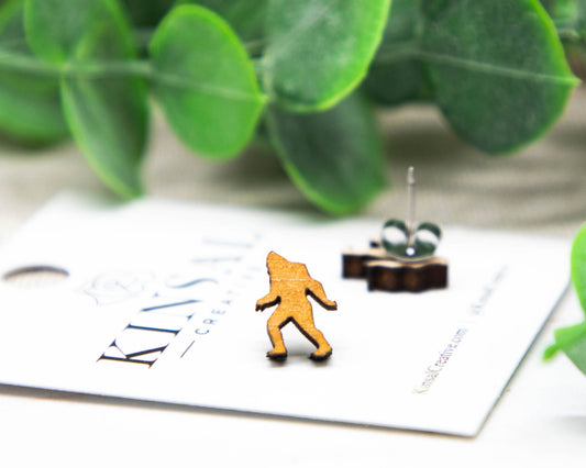 Big Foot Sasquatch Wood Stud Earrings
