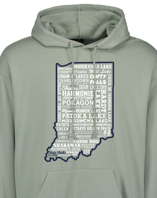 Sage green hoodie with Indiana state outline design on a white background