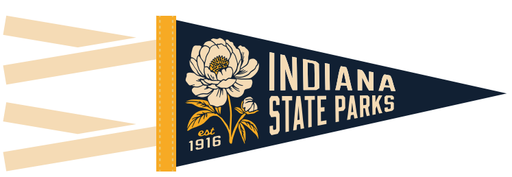 A triangular pennant flag with the words 'INDIANA STATE PARKS' and 'est. 1916' in cream on a dark navy background, plus a cream flower illustration and a gold vertical stripe near the hoist.