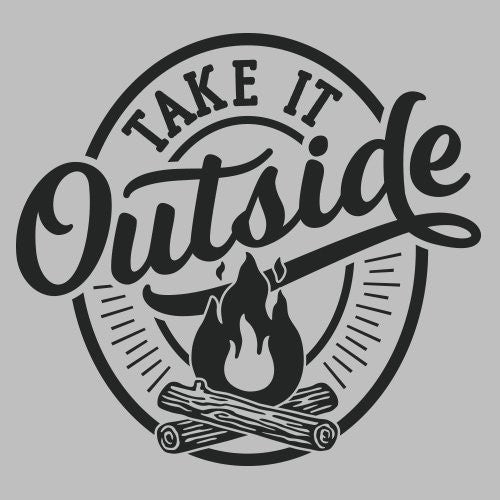 Black and white graphic with 'Take It Outside' text and a campfire design on a gray background
