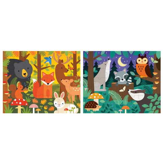 Two forest-themed illustrations with animals and nature elements on a white background.