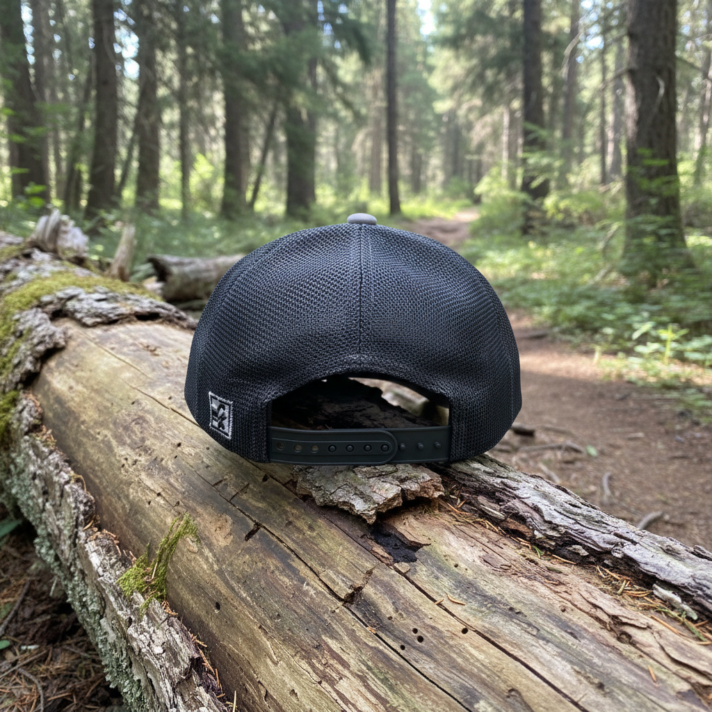 Black mesh cap with a brand logo on a white background