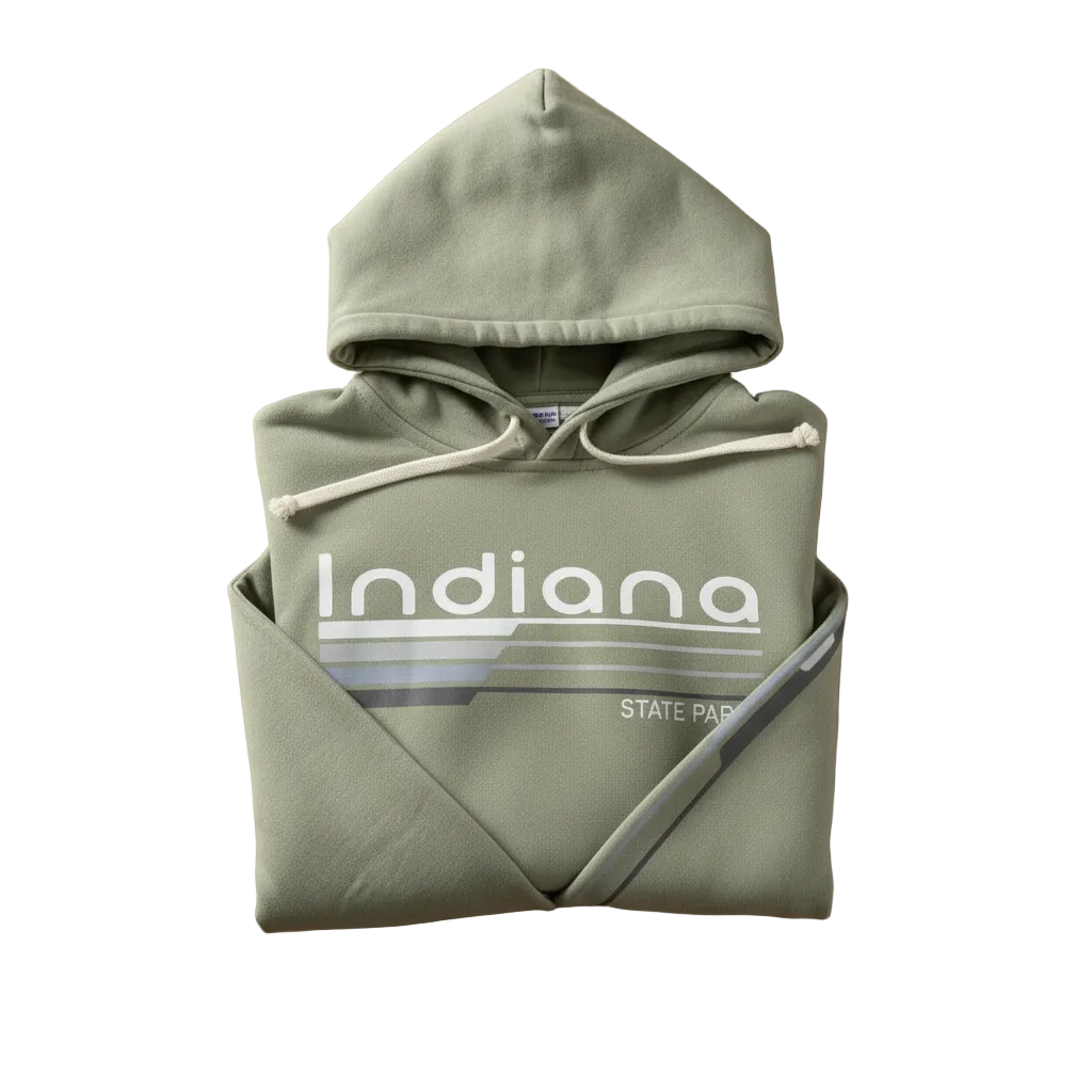 Sage green hoodie with 'Indiana' text on a white background
