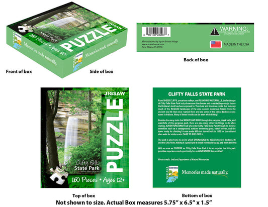 Jigsaw puzzle box with front, side, back, and bottom views displayed.