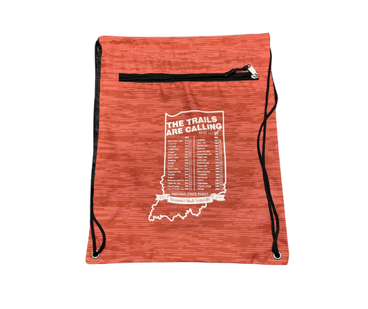 Red drawstring bag with white text and black zipper on a white background