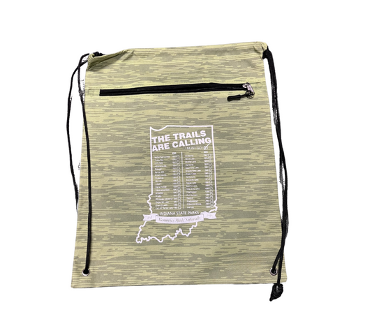 green drawstring bag with image of Indiana and its DNR properties listed inside the state in white text, also saying 'The Trails are Calling'