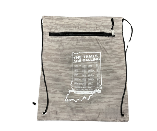 Drawstring bag with Indiana state map design and text on a white background