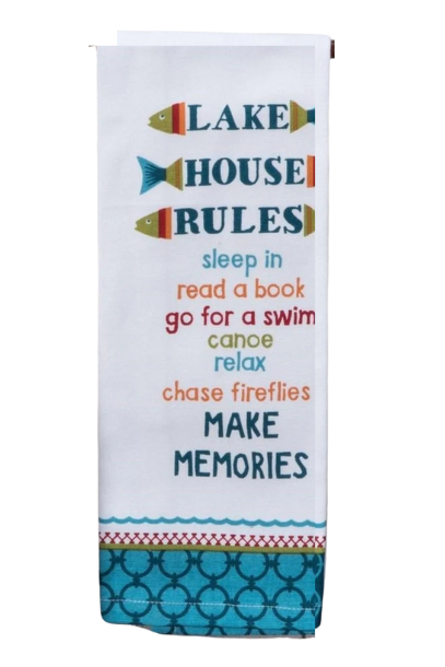 Towel with 'Lake House Rules' text and colorful fish design on a white background