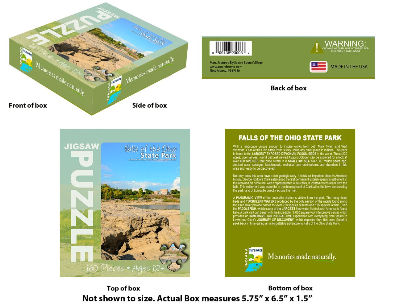Jigsaw puzzle box with front, side, and back views showing a scenic design and branding.