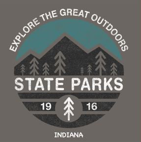 Logo for state parks in Indiana with mountains and trees on a gray background