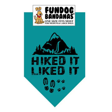 Teal dog bandana with 'Hiked It, Liked It' text and mountain design, featuring Fundog Bandanas logo.
