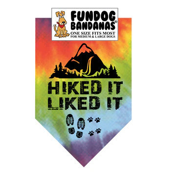 Colorful tie dye bandana with 'Hiked It, Liked It' text and mountain design, branded as Fundog Bandanas.