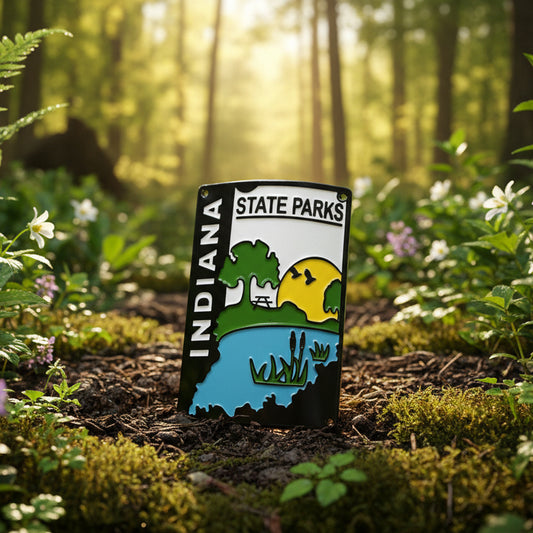 An Indiana State Parks hiking medallion featuring a landscape design with a blue lake, green trees, a yellow sun, and the words 'INDIANA STATE PARKS' in a nature scene