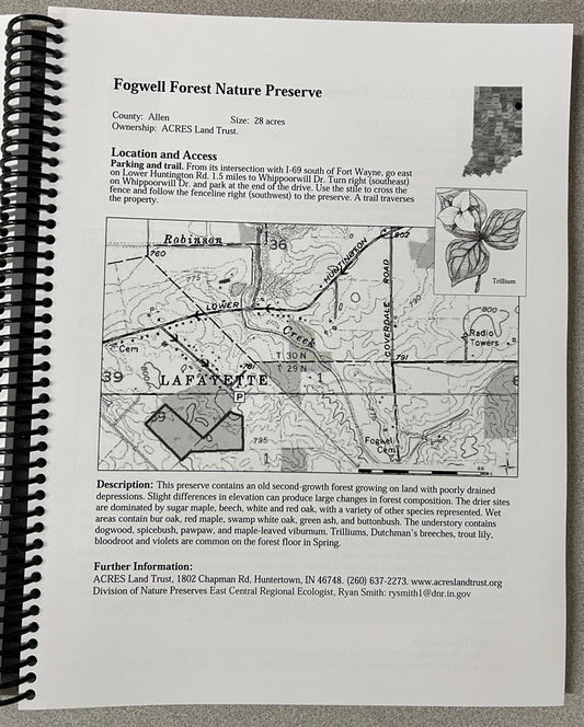 A spiral-bound booklet page titled 'Fogwell Forest Nature Preserve' with text, a small landscape photo, and a detailed map labeled Lafayette, shown against a white background.
