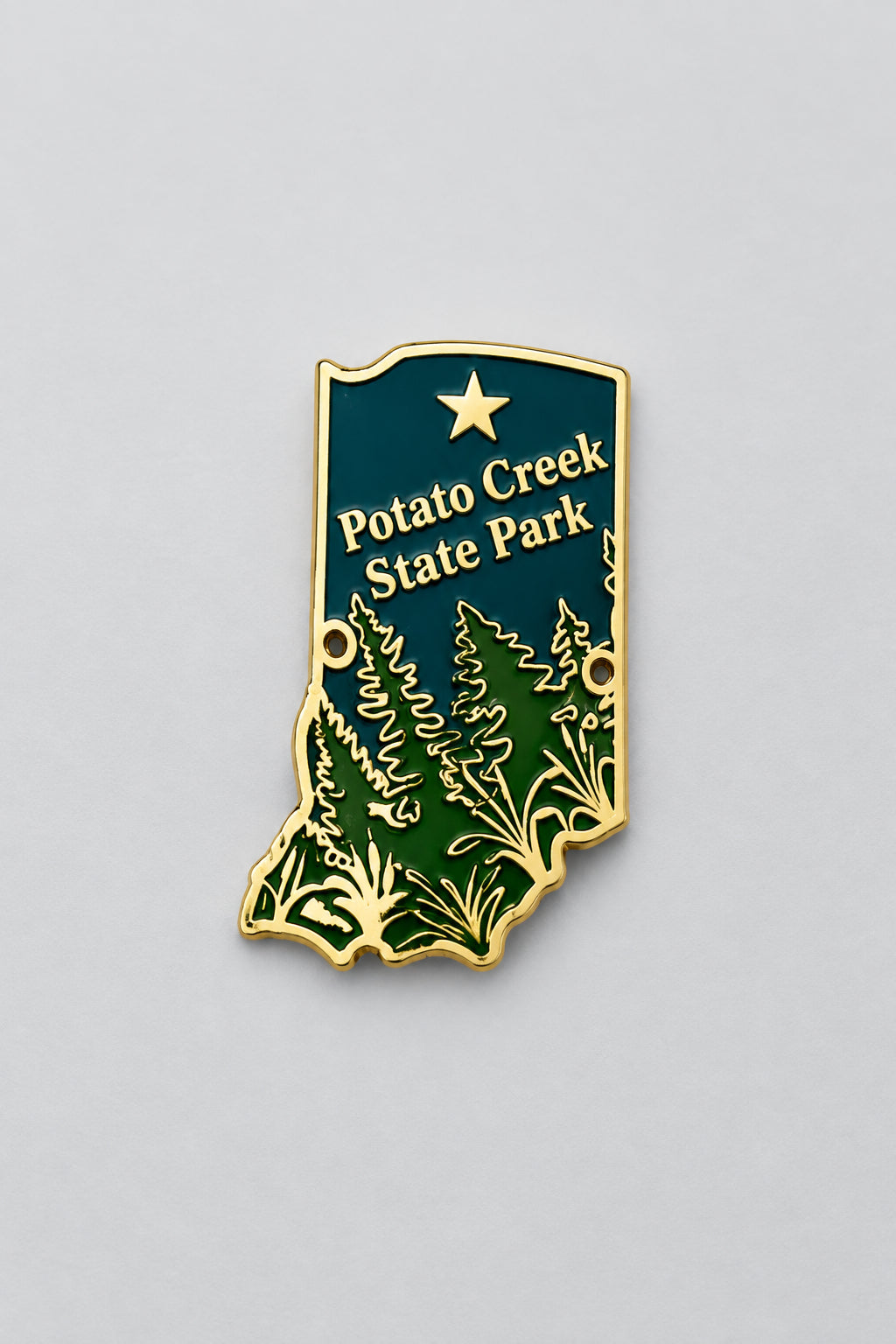 potato creek state park hiking medallion in the shape of indiana with trees