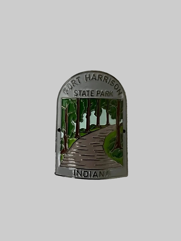 Fort Harrison State Park hiking medallion with forest trail design on a clean white background.