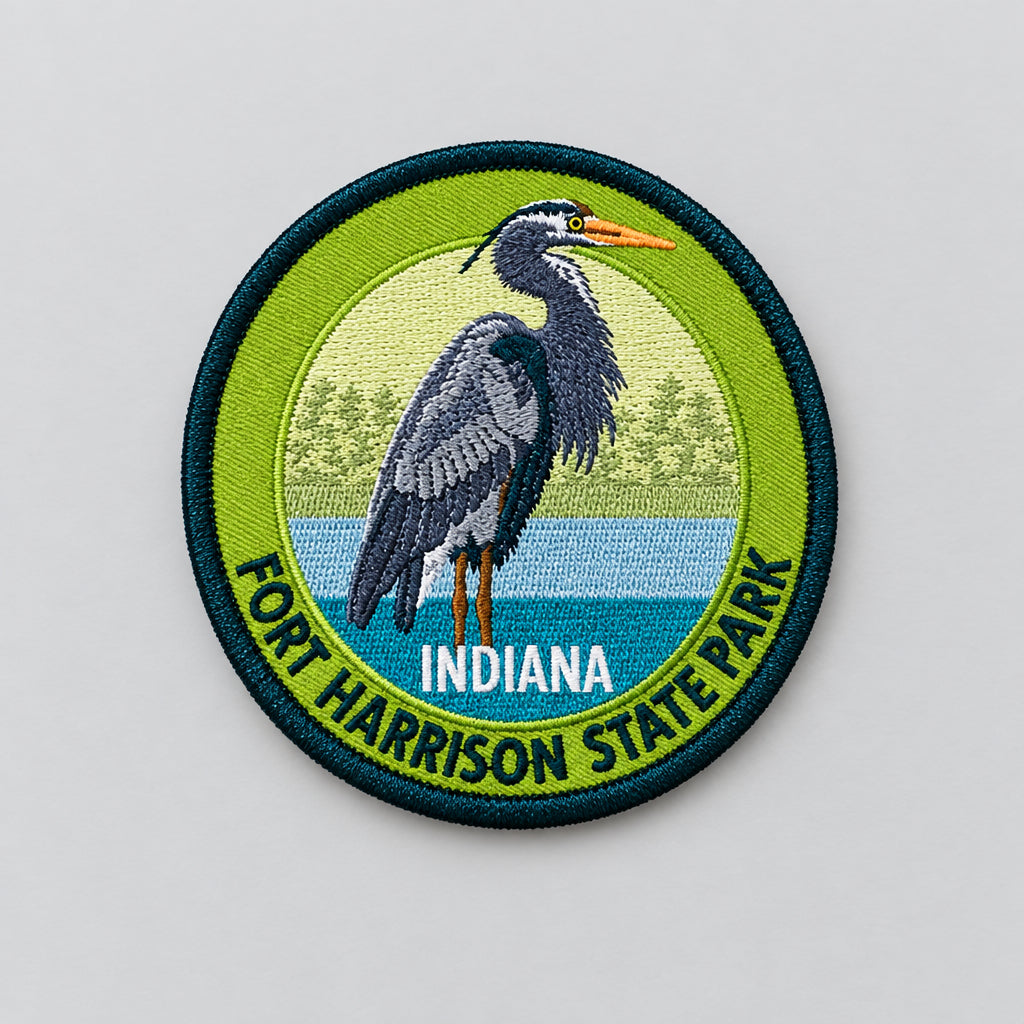 Fort Harrison State Park embroidered patch with heron standing by water on a green and blue circular design