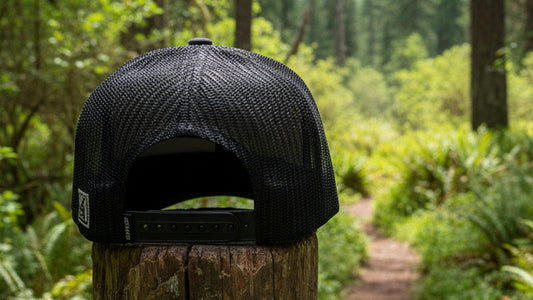 Black mesh cap with a brand logo on a wood surface