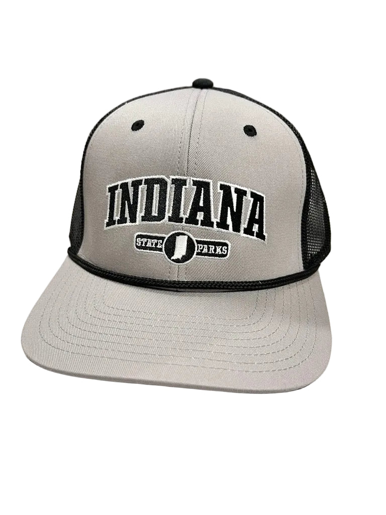 Gray and black cap with 'Indiana State Parks' text on a white surface.