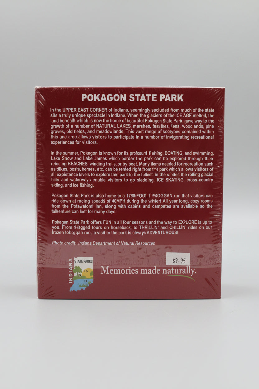 Back of a product packaging with text about Pokagon State Park, Indiana.