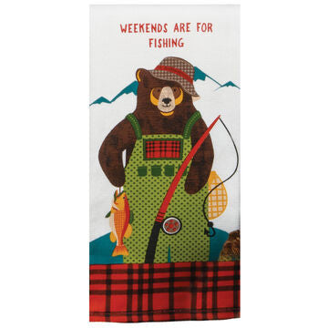 Towel with a bear character wearing plaid overalls and a hat, holding a fishing rod, with text 'Weekends are for Fishing' on a white mountainous background.