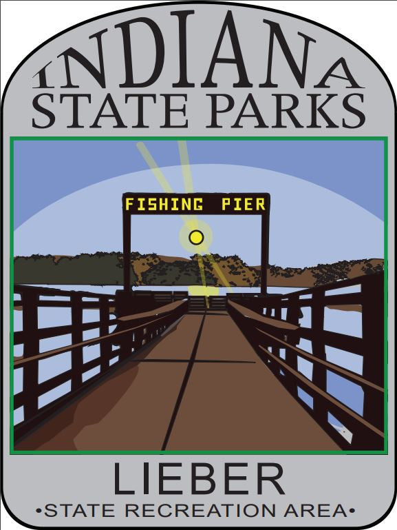 Illustration of a fishing pier with 'Indiana State Parks' text and 'Lieber State Recreation Area' label.
