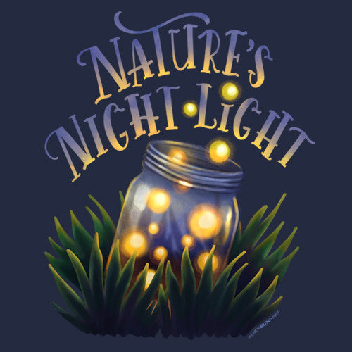 Illustration of a jar with glowing lights in grass, labeled 'Nature's Night Light' on a dark background.