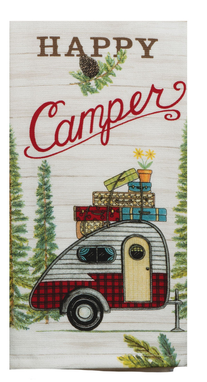 White towel saying 'Happy Camper' with Happy in brown text and Camper in cursive red text and an image of a red and white camper with colorful luggage and green trees