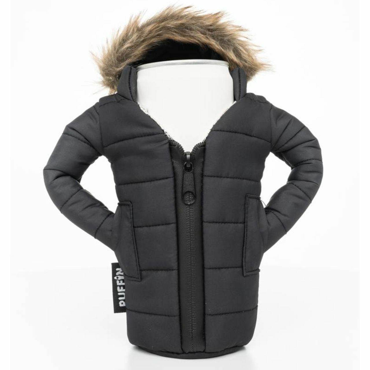 Black puffer vest with fur hood on a mannequin against a white background