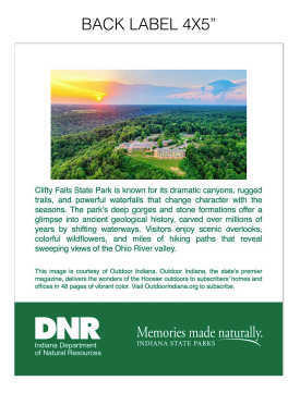A printed back label sheet for a product, with a small aerial landscape photo of Clifty Inn during a sunset, descriptive text, and a DNR / Memories made naturally logo block at the bottom. The top text reads BACK LABEL 4X5".