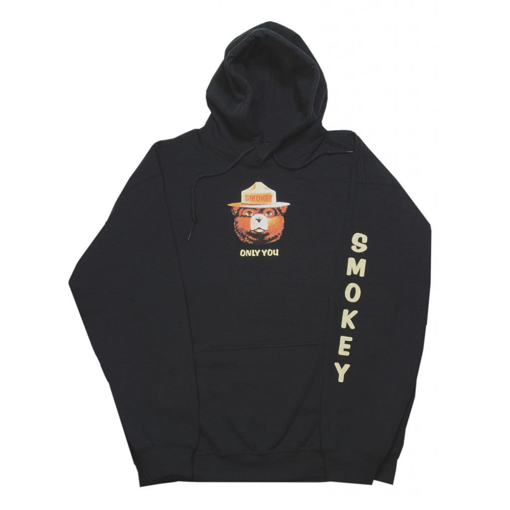 Black hoodie with Smokey Bear graphic and text on a white background