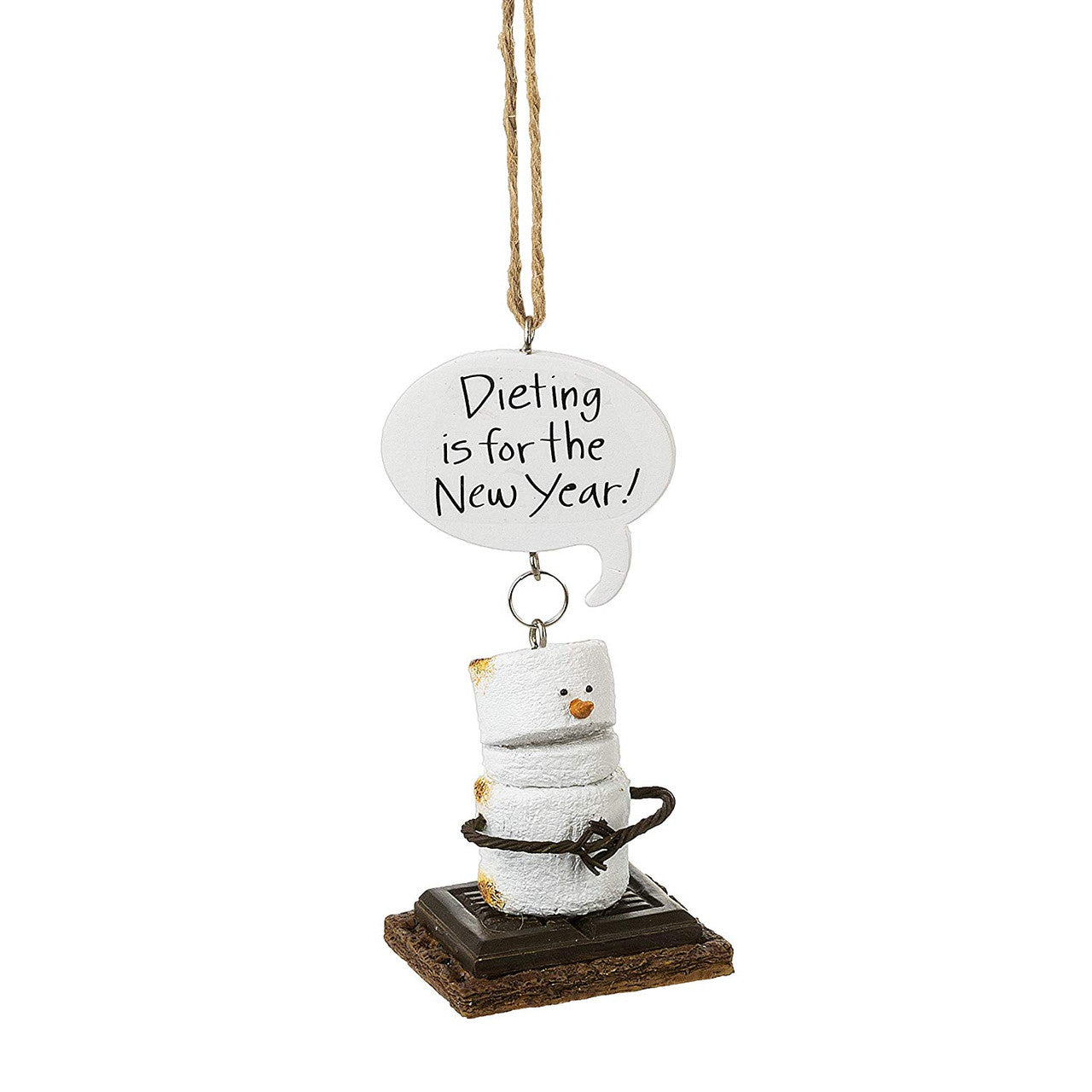 Decorative ornament with a marshmallow character and 'Dieting is for the New Year' text