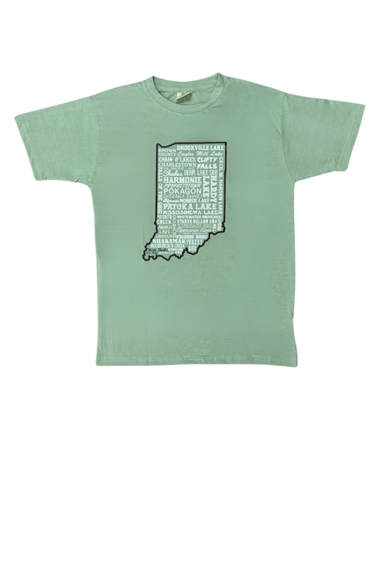 Green t-shirt with a map design on a white background