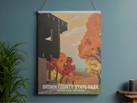 Illustration of Brown County State Park with autumn scenery on a blue wall.