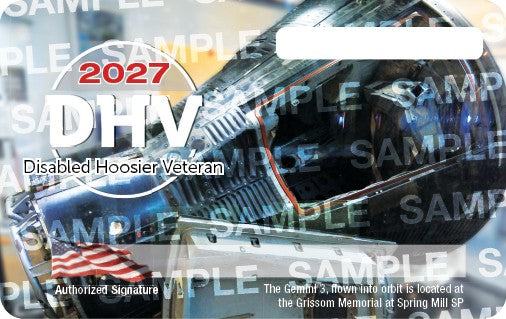 A 2027 State Parks Disabled Hoosier Veteran Passport with an image of the Gemini 3 located at the Grissom Memorial at Spring Mill State Park.