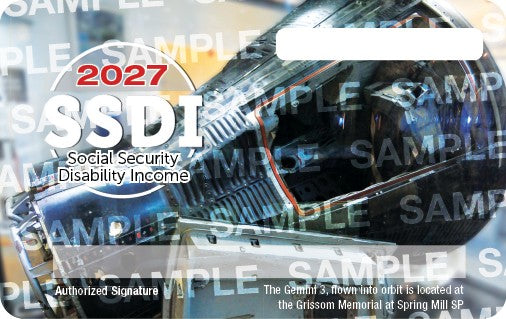 A 2027 State Parks Social Security Disability Income Passport with an image of the Gemini 3 located at the Grissom Memorial at Spring Mill State Park.