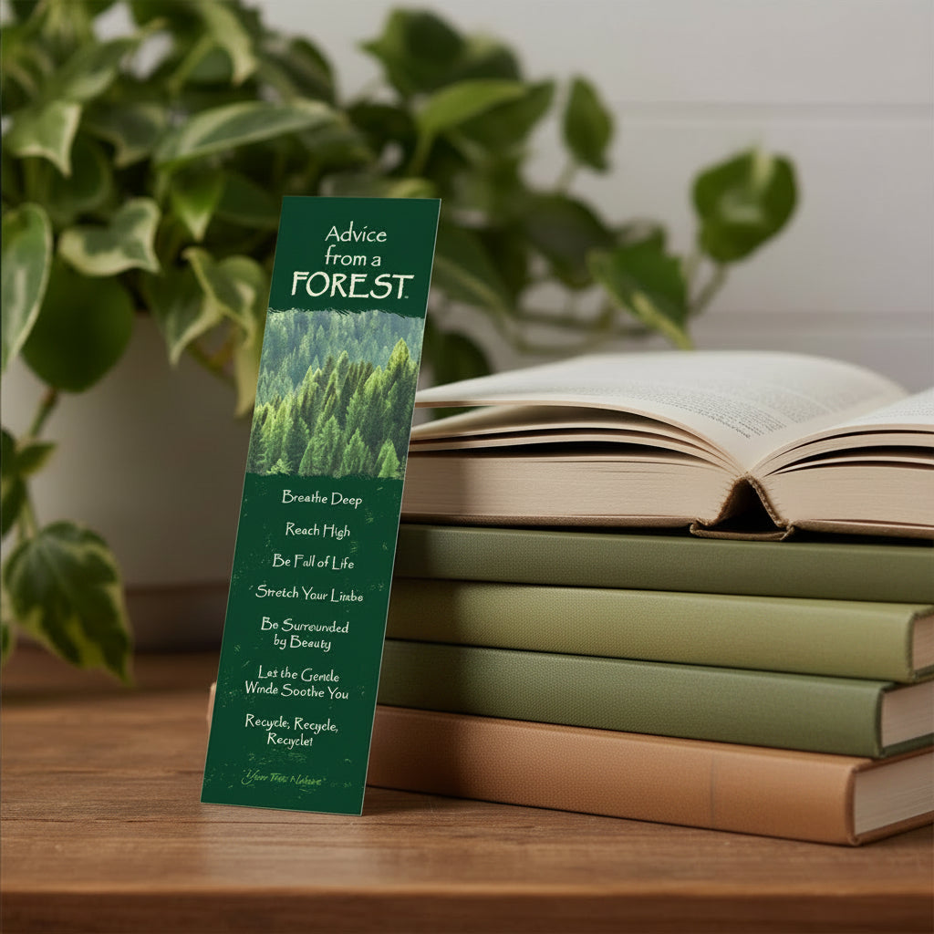 Dark green bookmark with forest image, listing advice from a forest in beige text