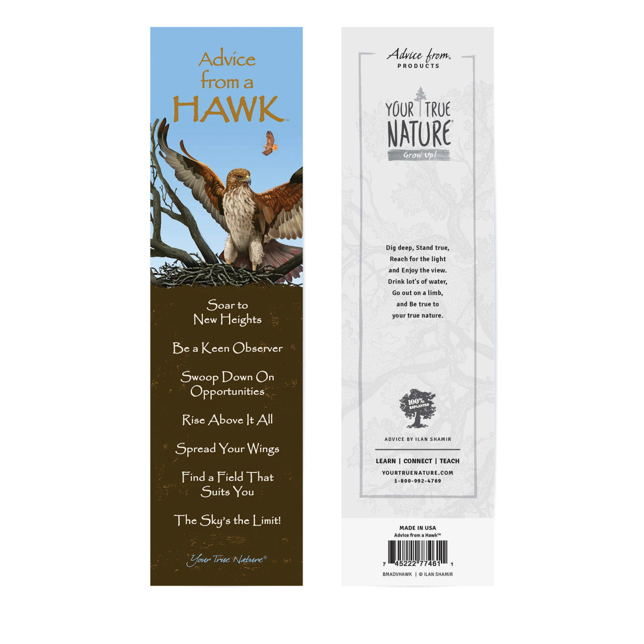 Bookmark with advice from a hawk and nature-themed text on a white background