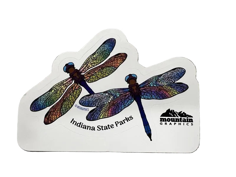 Sticker of two colorful dragonflies and 'Indiana State Parks' text