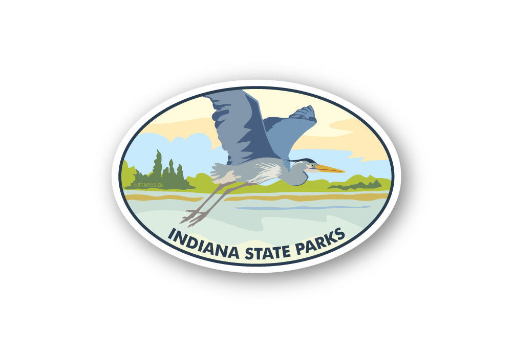 Sticker of a blue heron in flight with 'Indiana State Parks' text