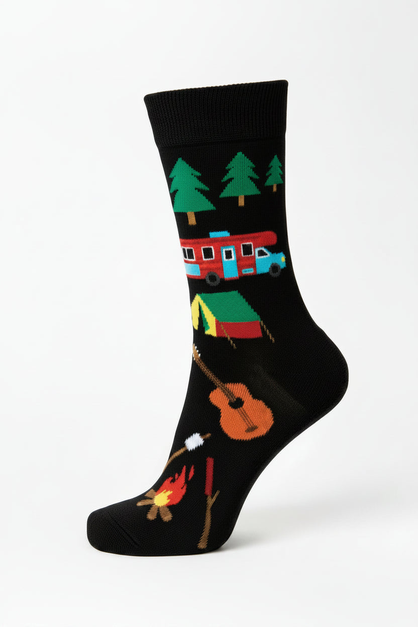 Black socks with camping themed imagery