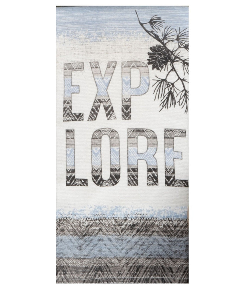 Decorative towel with 'EXPLORE' text and nature-themed design
