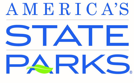 Logo for America's State Parks with blue text and a green leaf on a white background