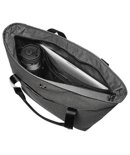 Black computer tote bag with a water bottle and tablet inside as examples of what can be stored inside
