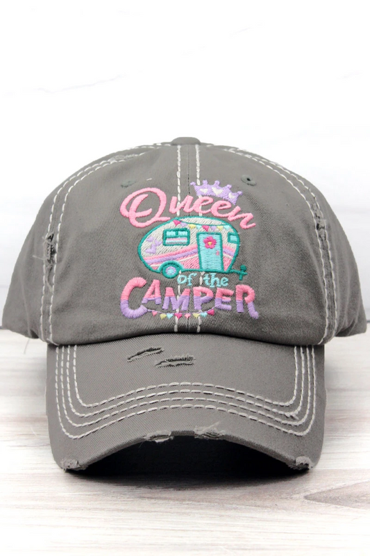 Gray cap with 'Queen of the Camper' text and caravan design on a white background