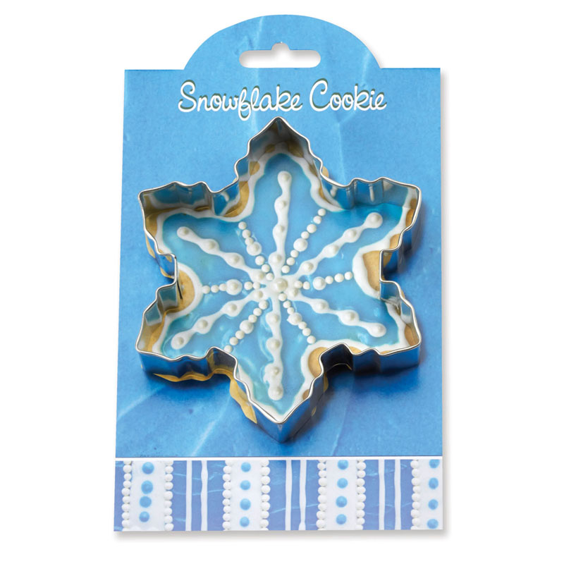 Snowflake cookie cutter on a blue packaging with 'Snowflake Cookie' text