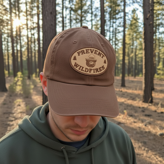 Brown cap with 'Prevent Wildfires' patch